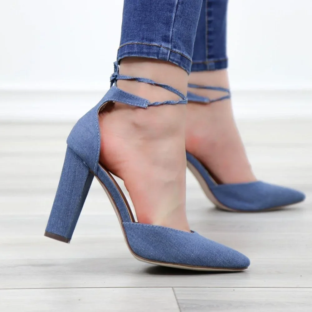 Denim Pointy Toe Block Lace-Up High Heel Pumps - Picture 7 of 15